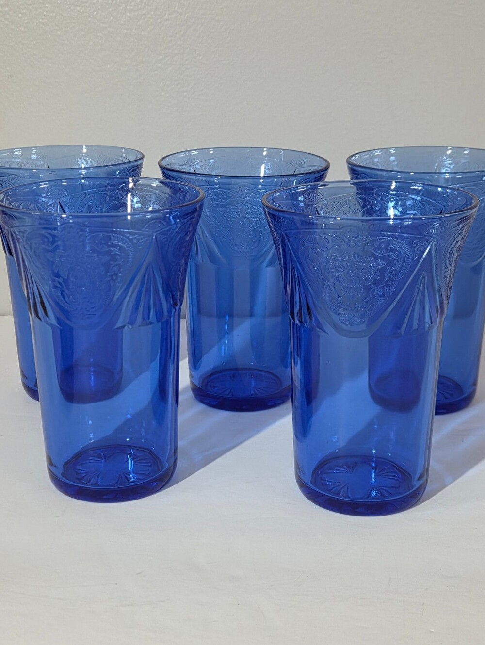 5 Hazel Atlas BLUE ROYAL LACE 12 oz. ICED TEA TUMBLERS Rare Excellent Condition
